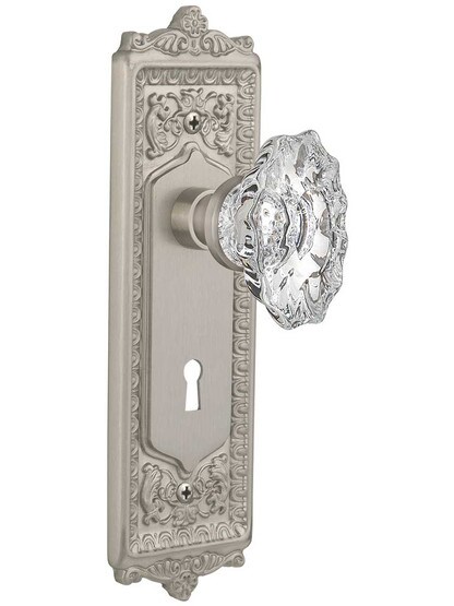 Egg and Dart Mortise-Lock Set with Chateau Crystal Glass Knobs in Satin Nickel.